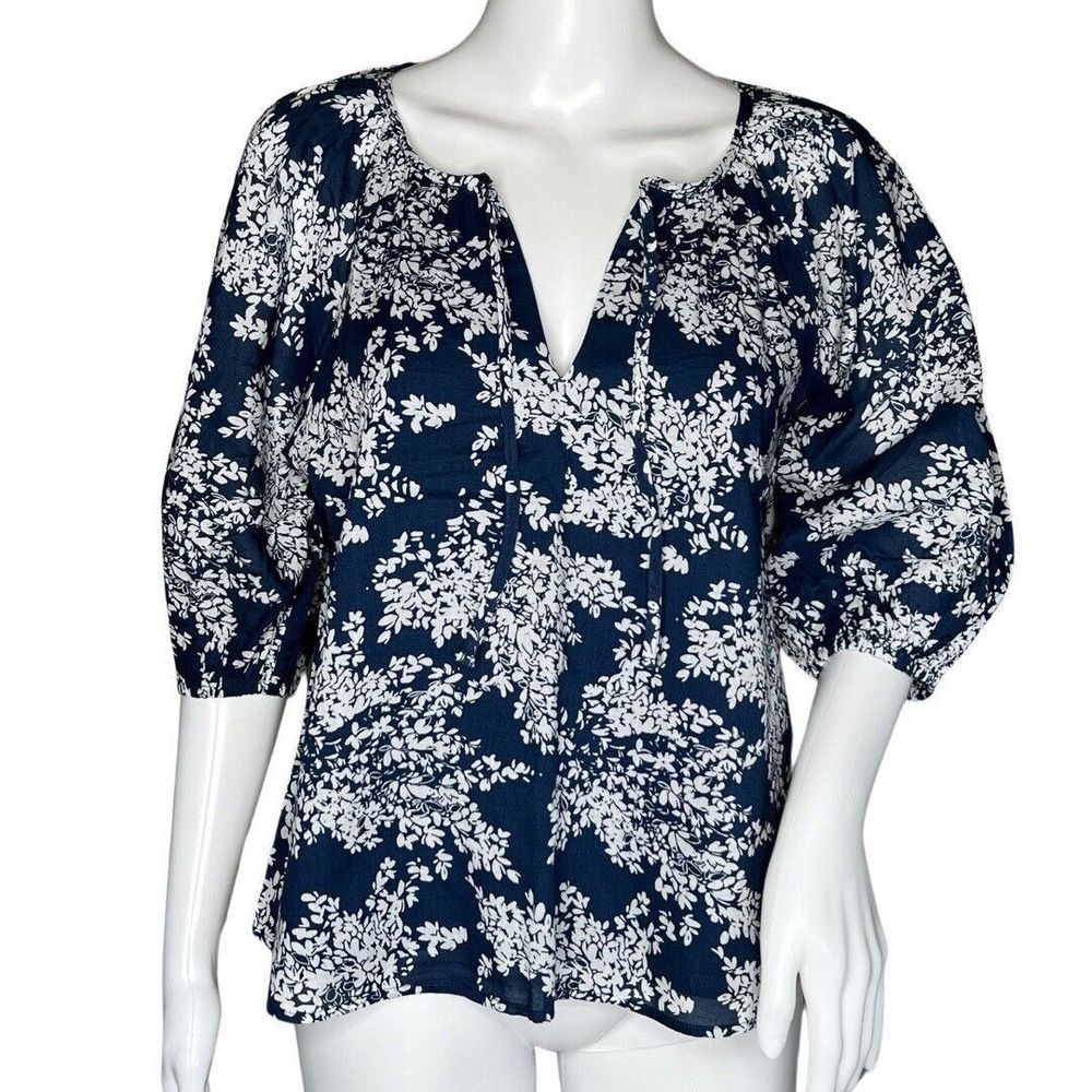 Abercrombie Fitch Shirt Womens Small Navy Blue White Floral Peasant‎ Blouse Boho
